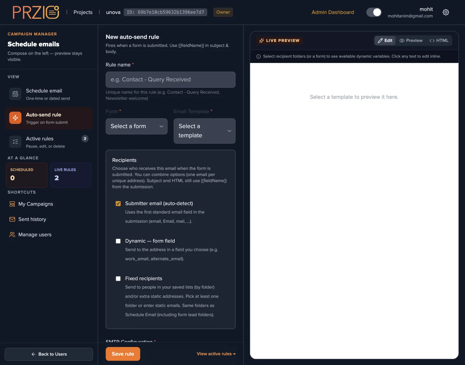 PRZIO auto send rule builder that triggers an email when a website form is submitted, with submitter, dynamic field, and fixed recipient options