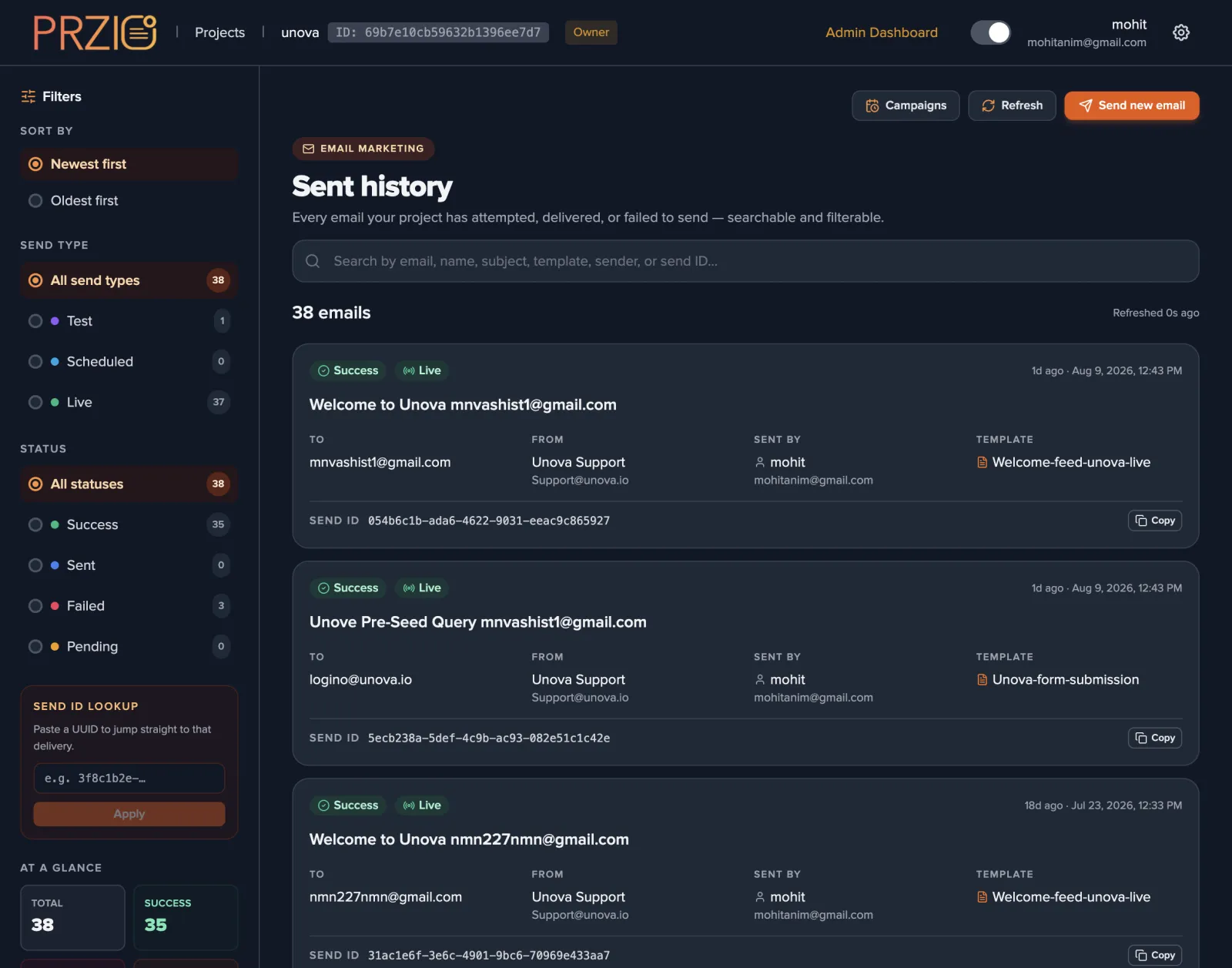 PRZIO sent history page listing delivered emails with success status, recipient, sender, template, and copyable send ID