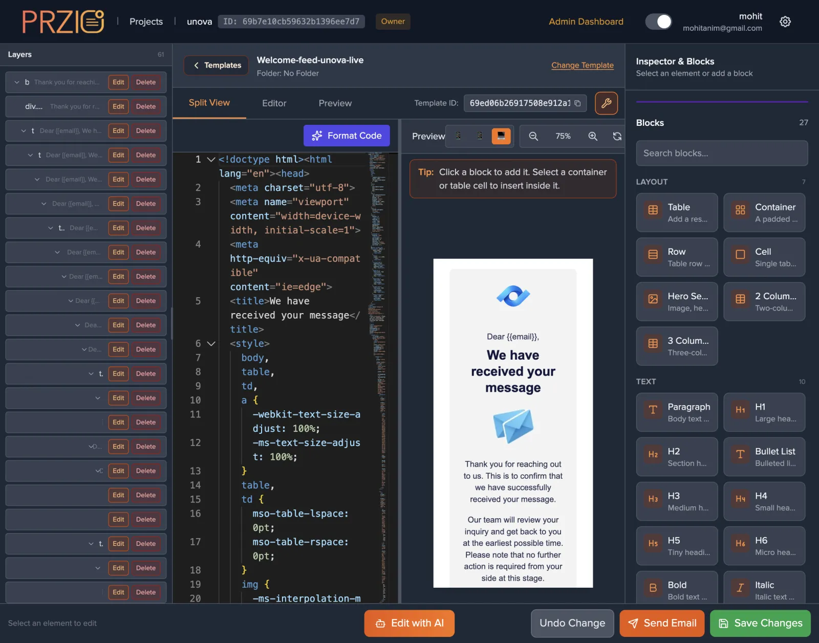 PRZIO drag and drop email template builder with layers panel, HTML code editor, mobile preview, and a block library