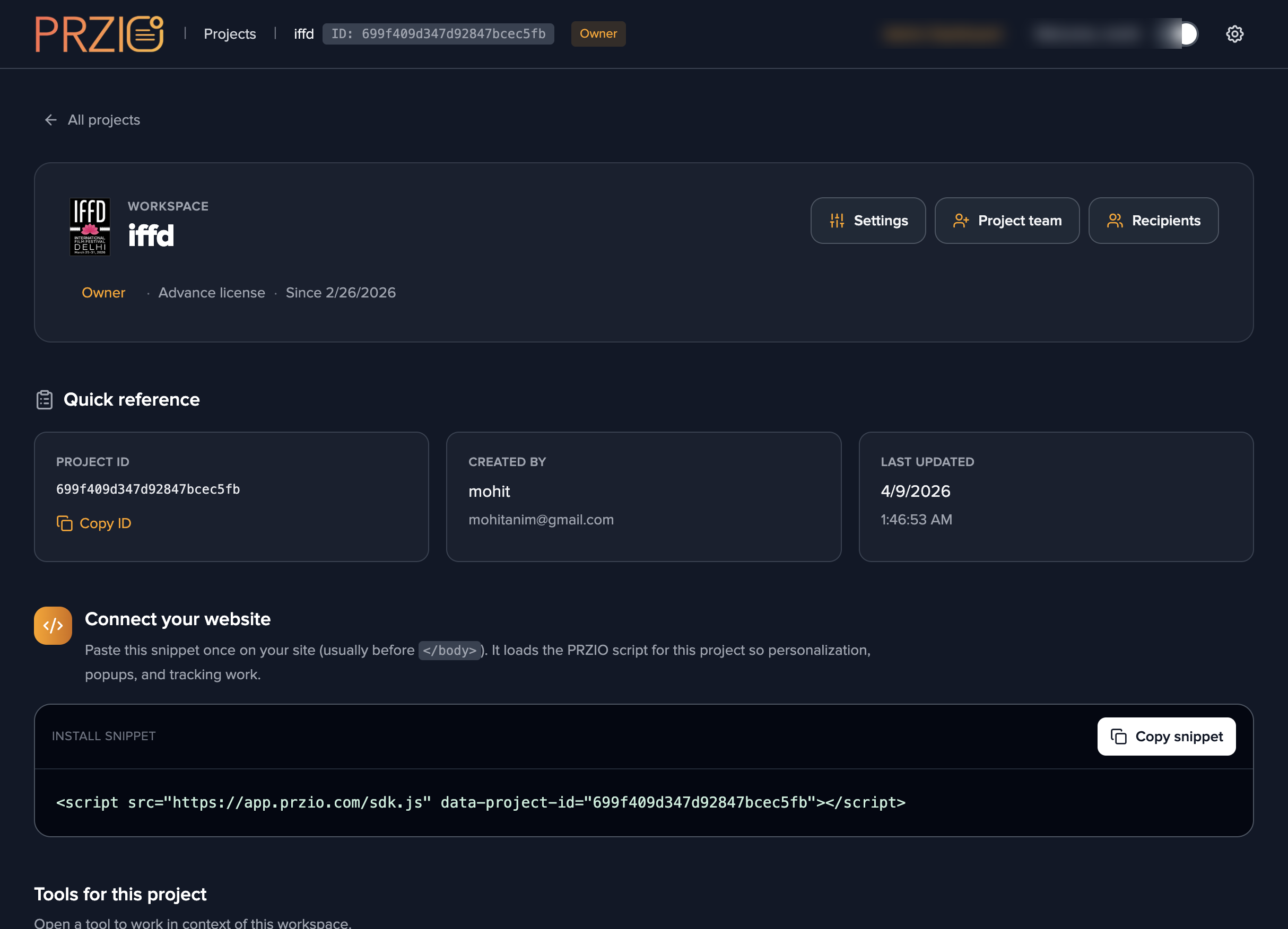 Project dashboard with snippet and tools