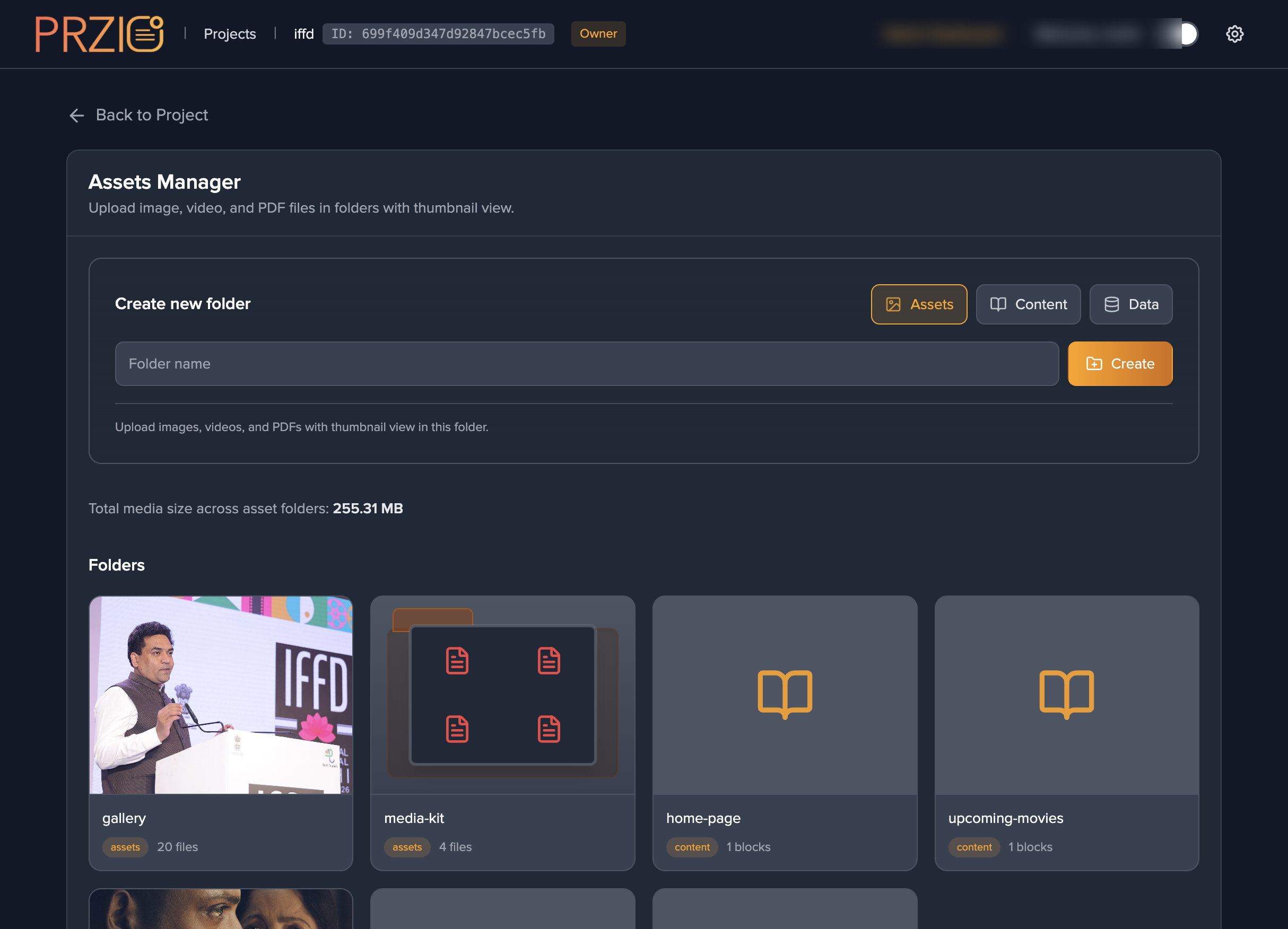 PRZIO Assets Manager folder grid with assets, content, and data folders