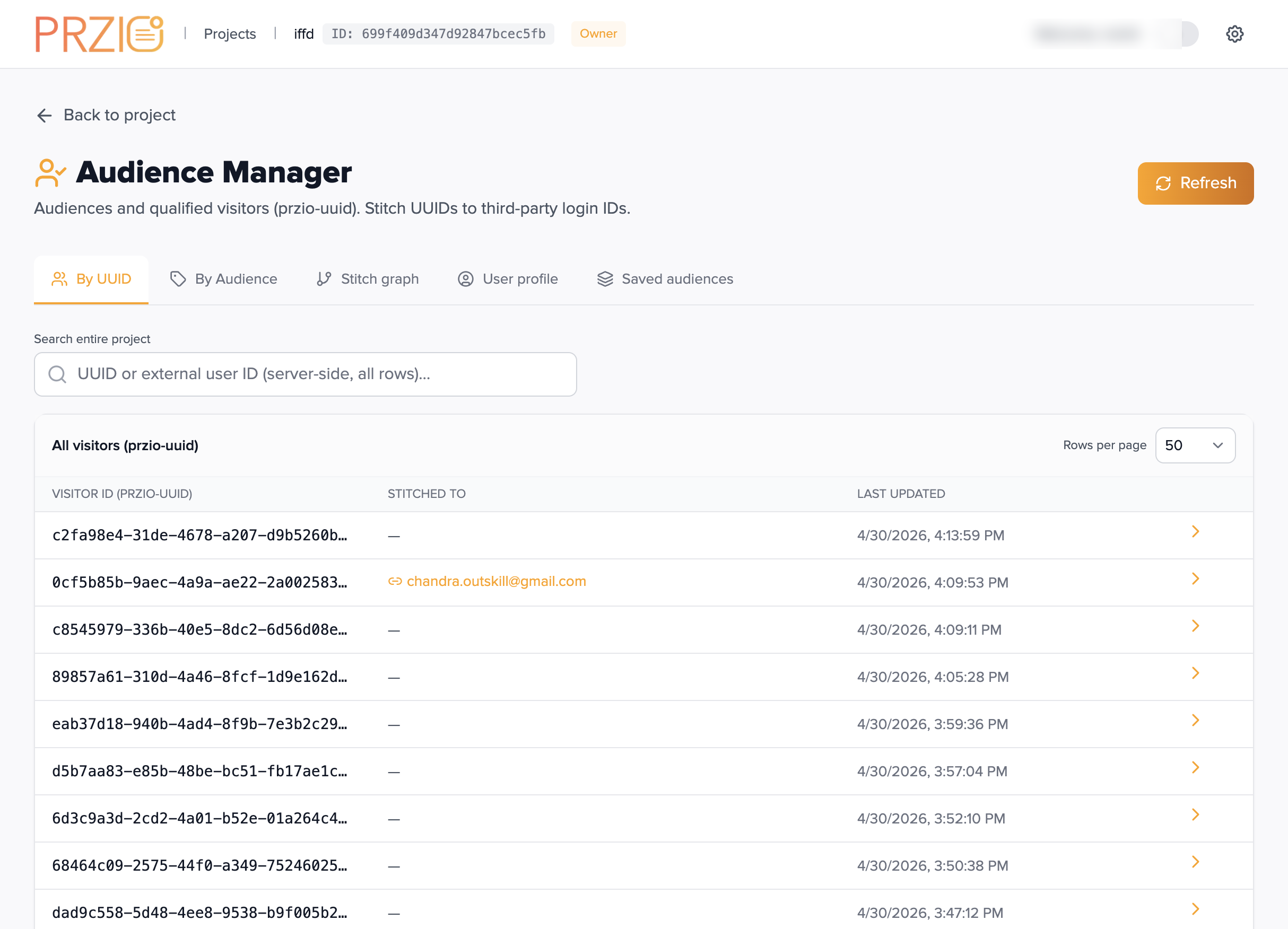 Audience Manager table with przio-uuid, stitched login, and last updated