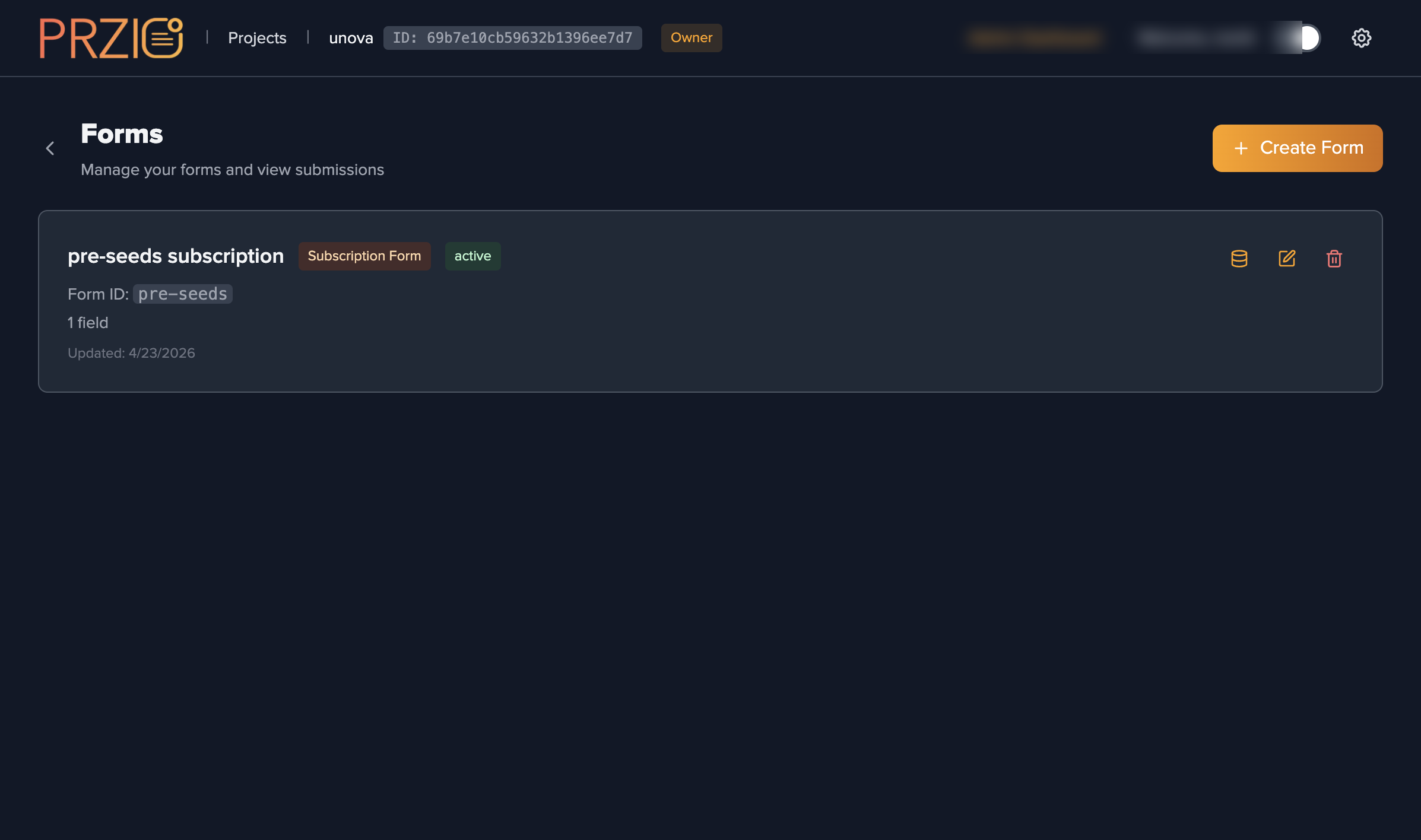 Forms list in PRZIO dashboard