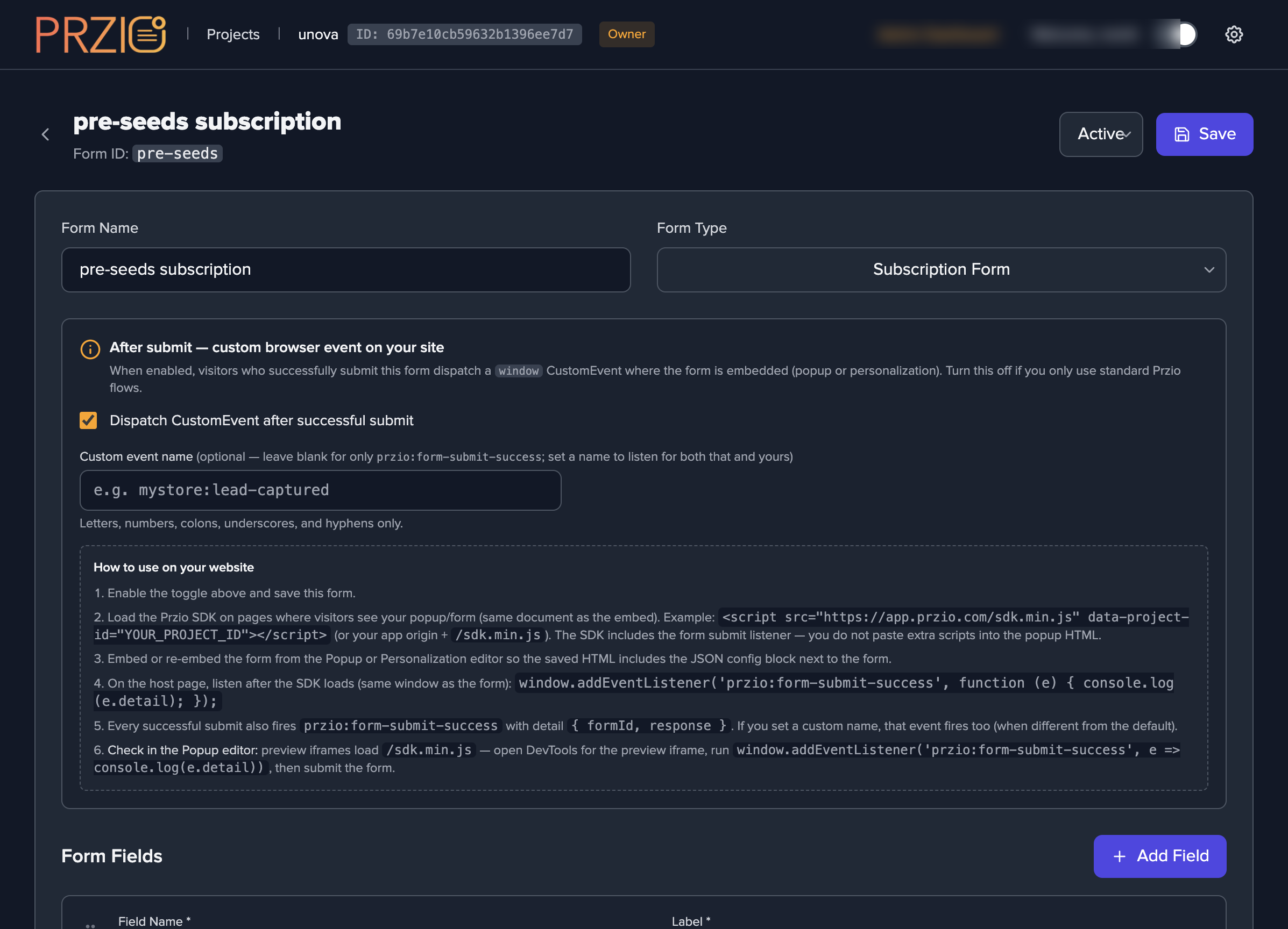 Form builder with integration instructions
