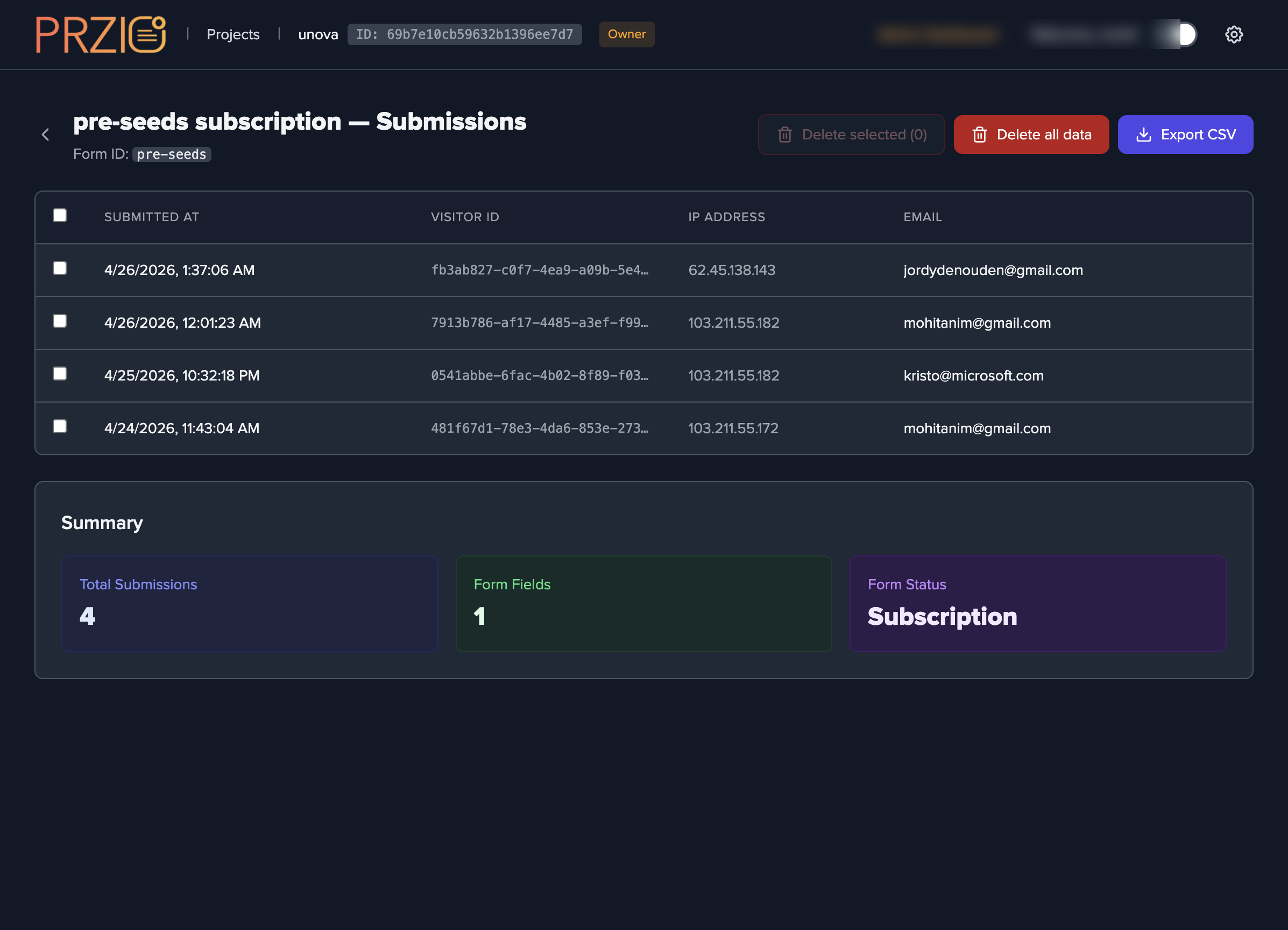 Submissions grid with export and delete actions