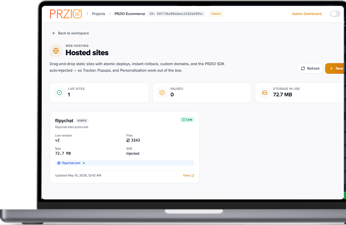 PRZIO free web hosting dashboard on laptop — hosted sites, drag-drop deploys, and SDK