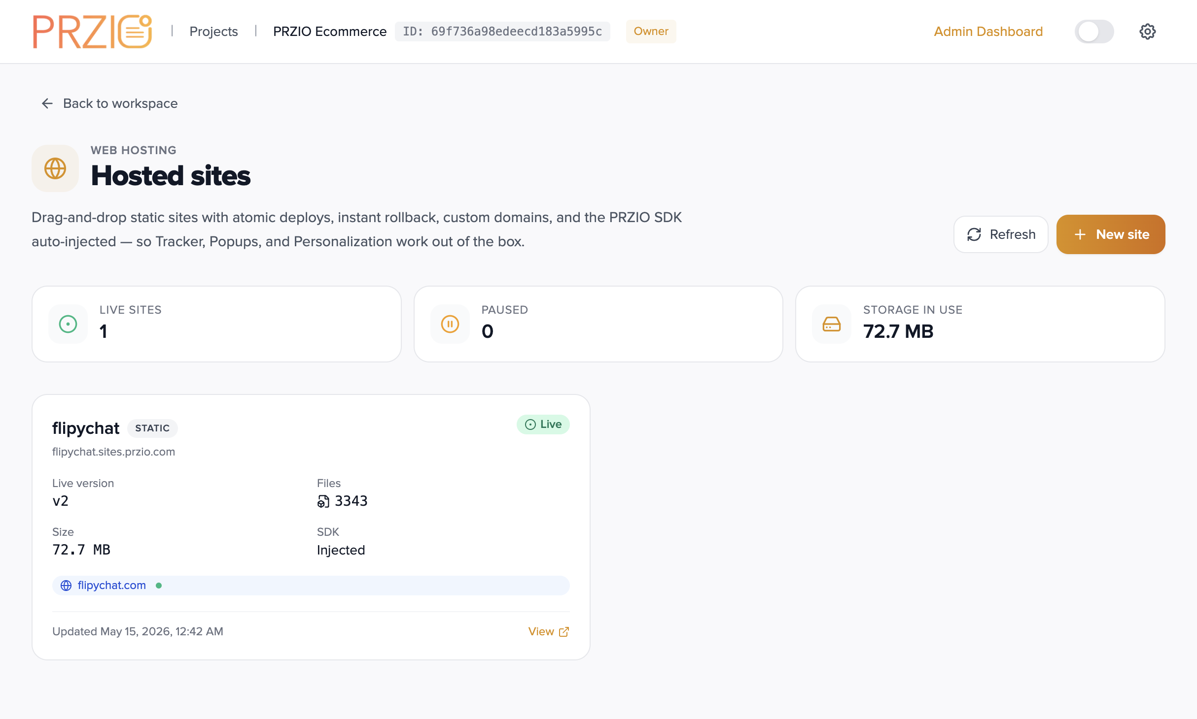 PRZIO Hosting dashboard showing hosted sites with live status, storage, and site cards