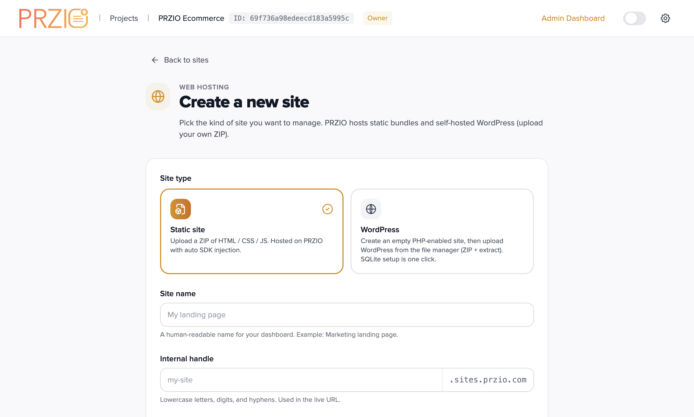 Create a new site: Static or WordPress