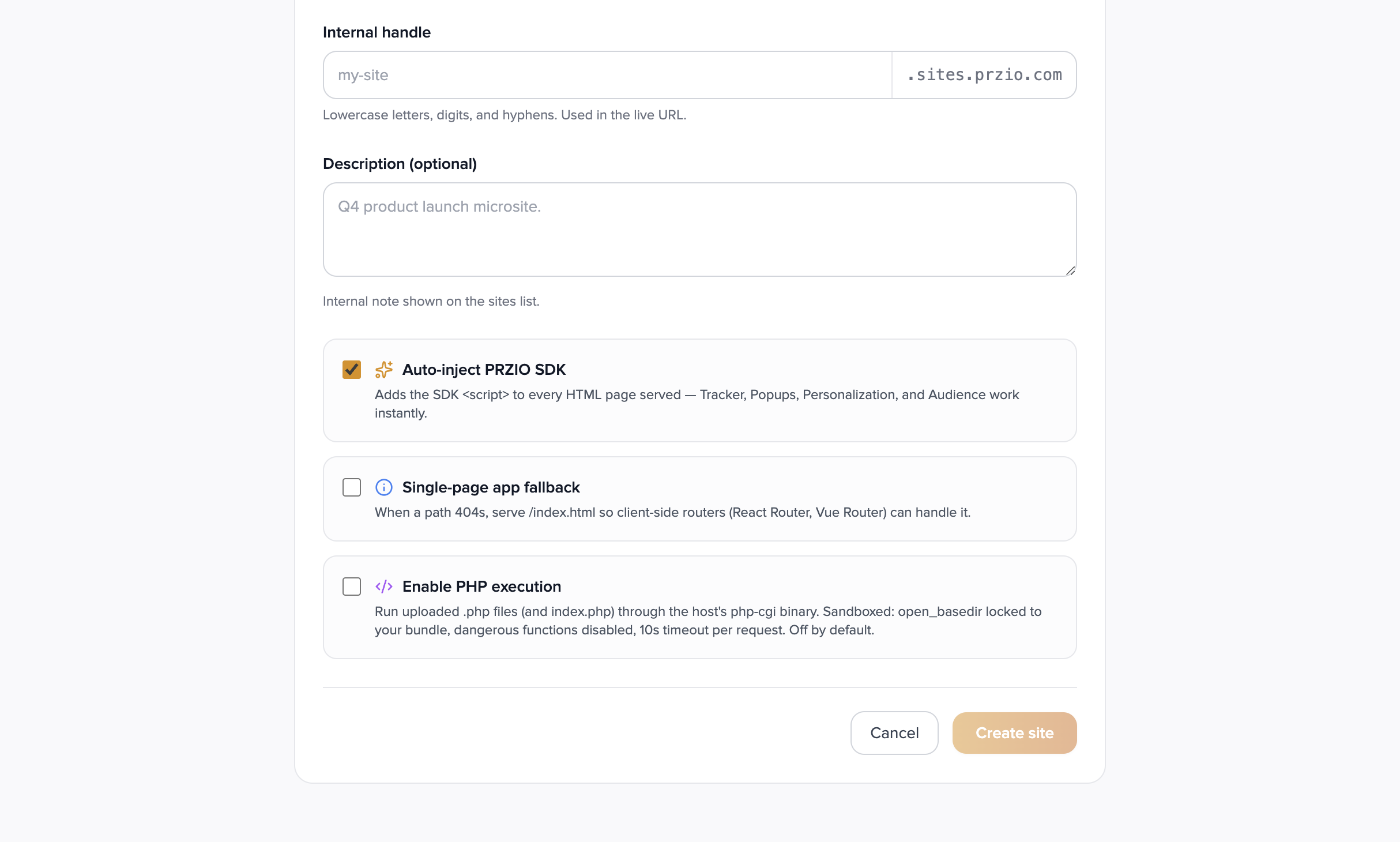 Create site toggles for SDK injection and SPA fallback