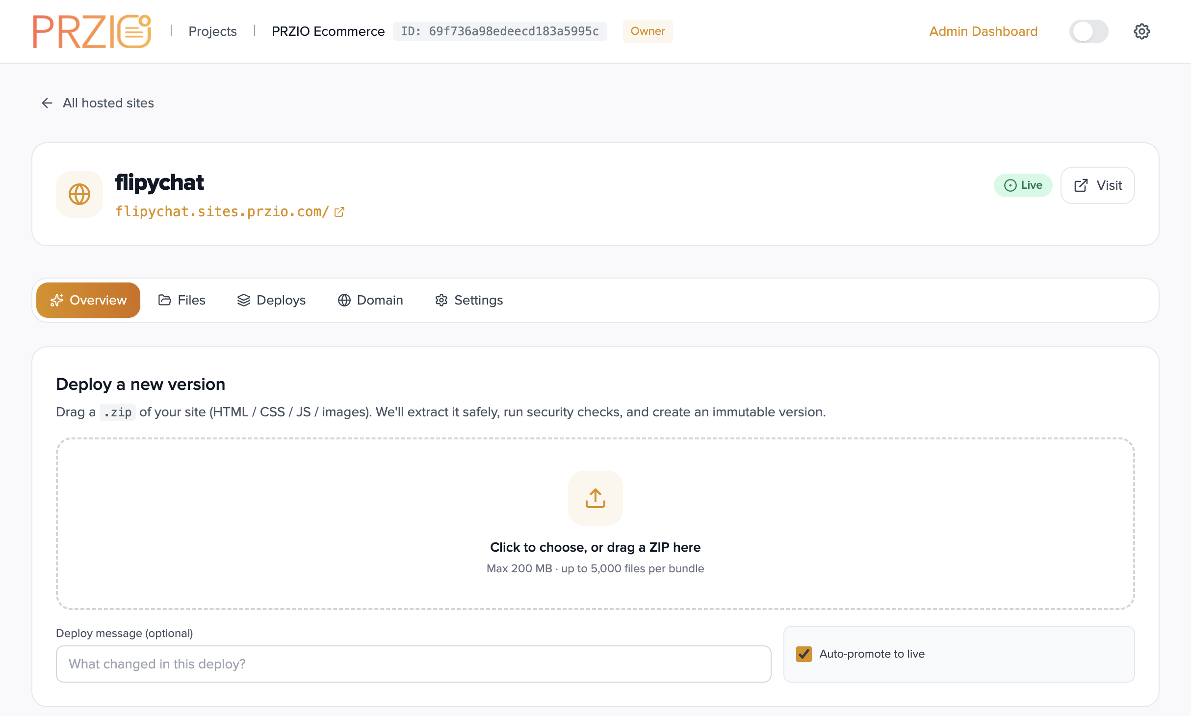 Drag and drop a .zip to deploy a new version