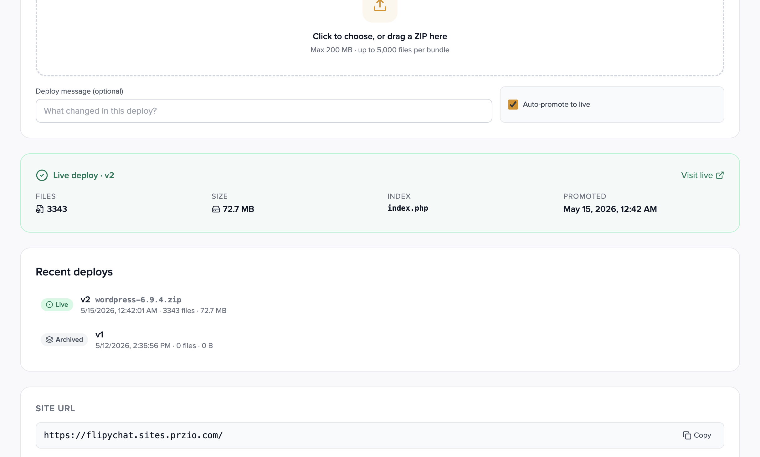 Recent deploys list with version history
