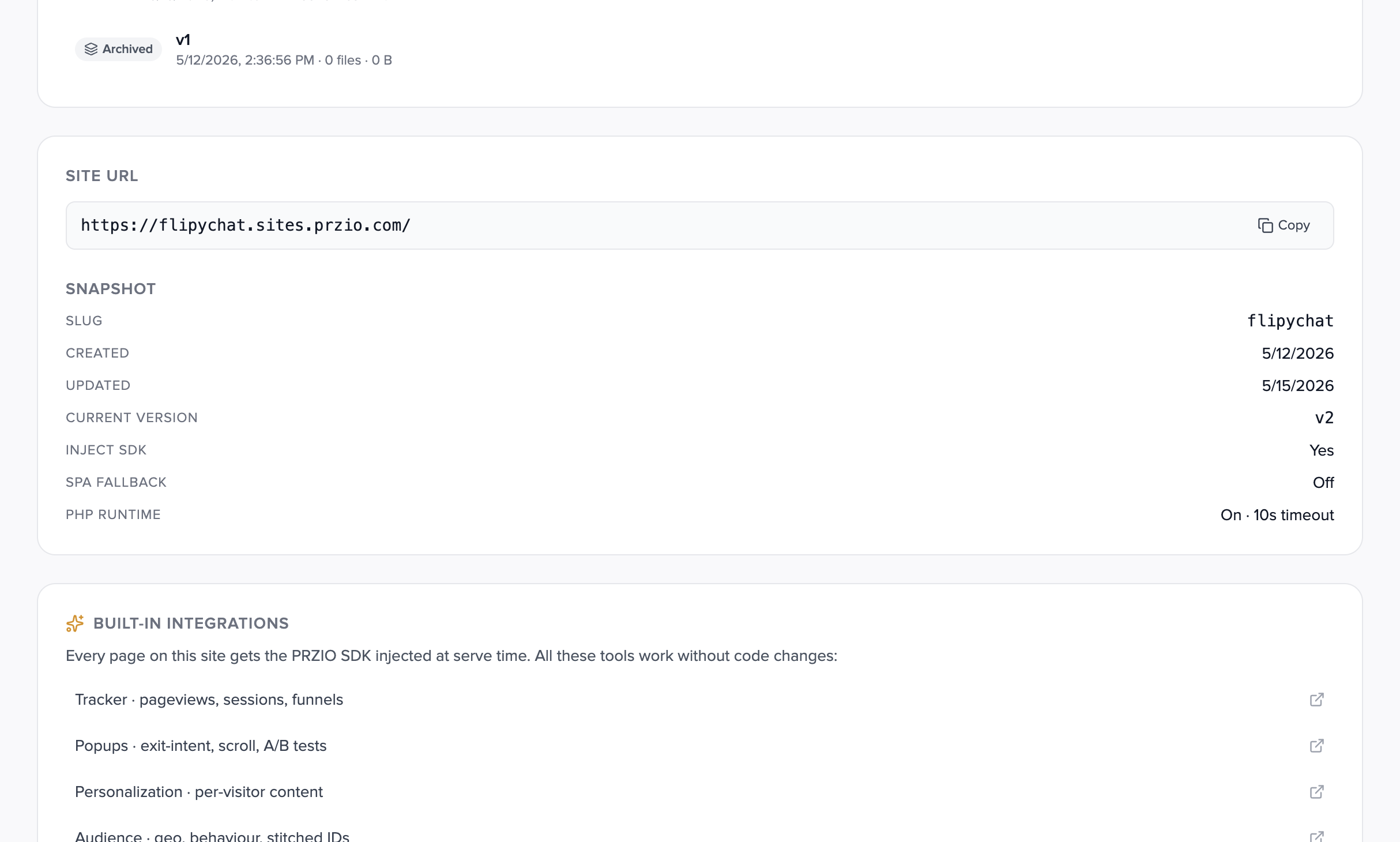 Built-in integrations: Tracker, Popups, Personalization, Audience, Chatbot