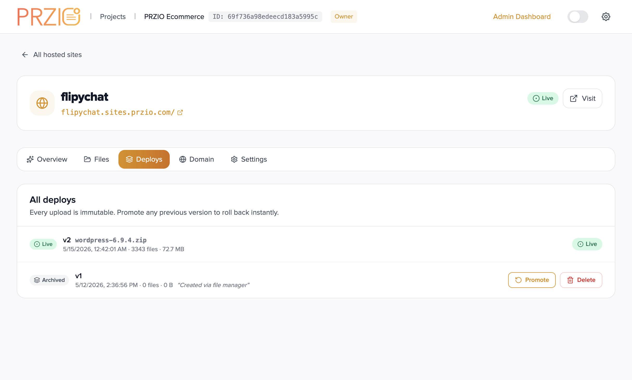 Deploys list with Promote and rollback