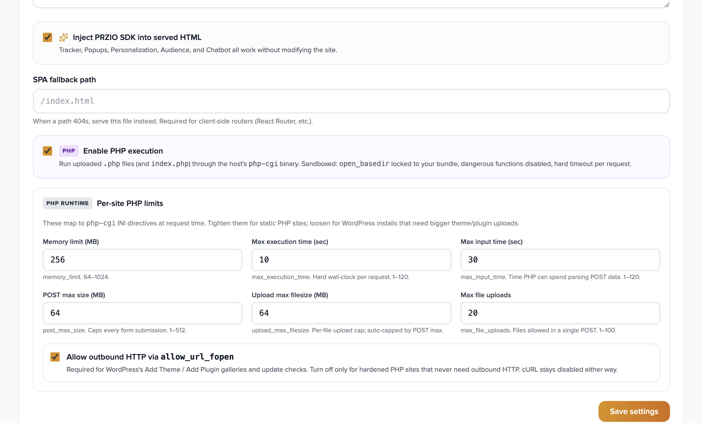 Per-site PHP runtime limits