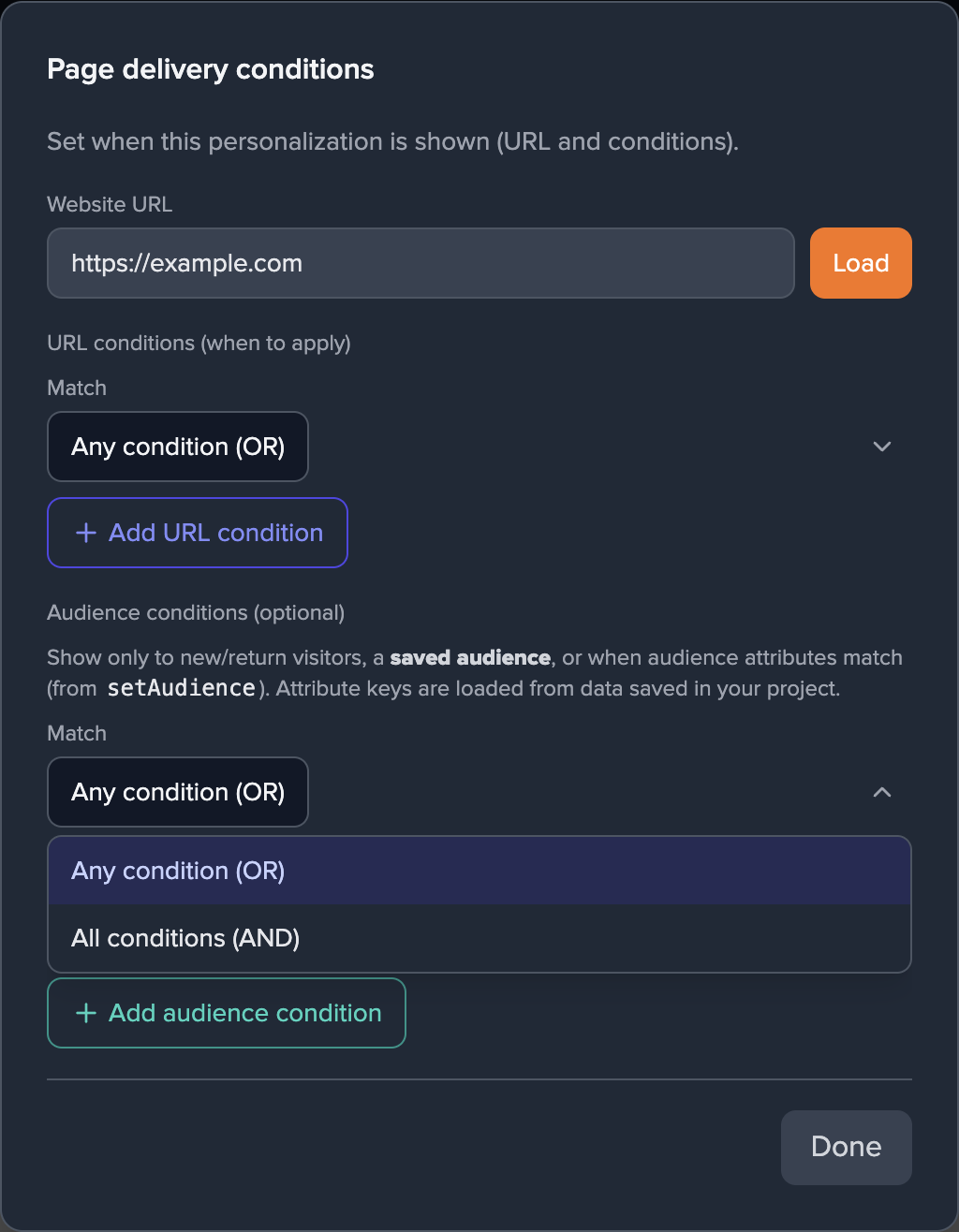 Screenshot: audience Match dropdown open showing Any versus All