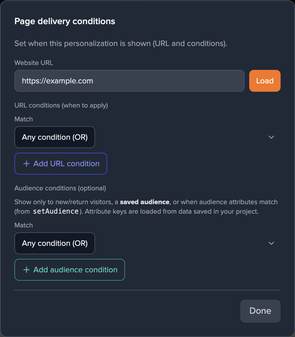 Screenshot: Add audience condition control in delivery modal