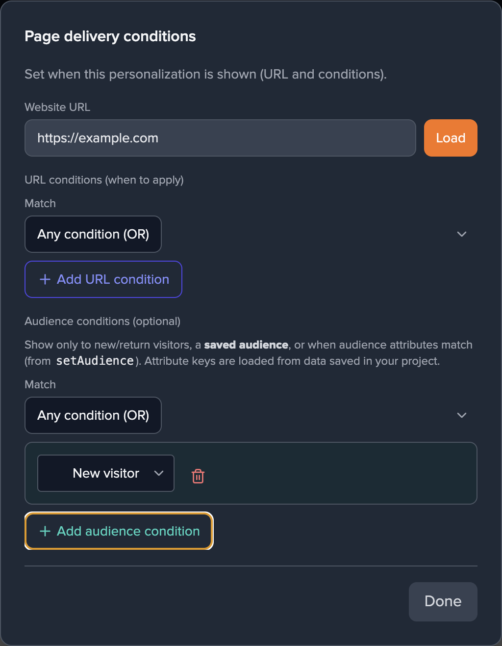 Screenshot: audience condition row with New visitor and remove control