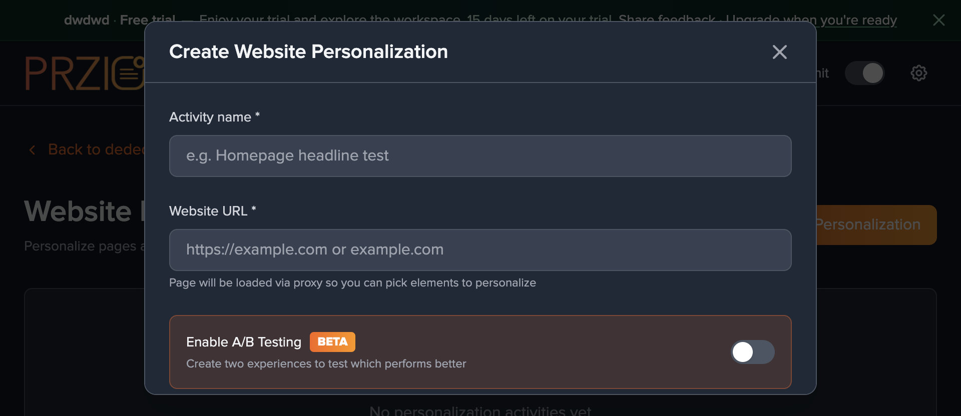 Screenshot: Create Website Personalization dialog with activity name, URL, and optional A/B toggle