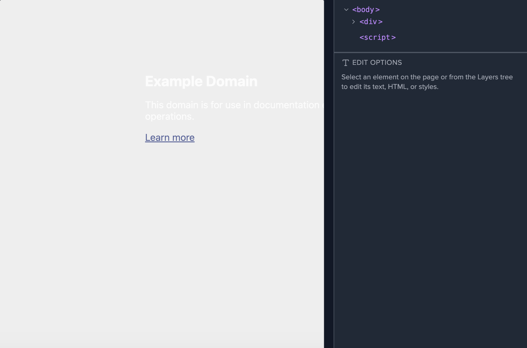 Screenshot: example.com preview beside Inspect layers and edit options