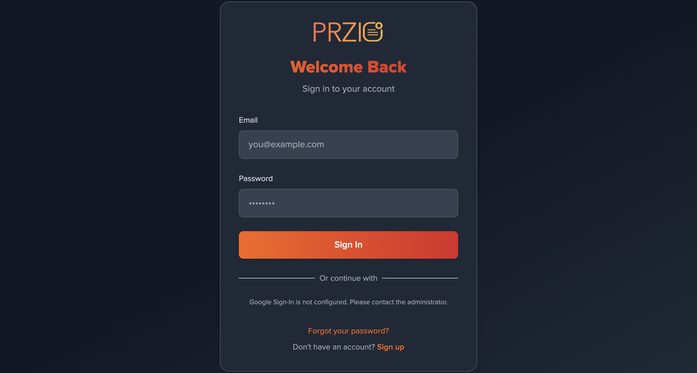PRZIO Welcome Back sign-in screen on localhost