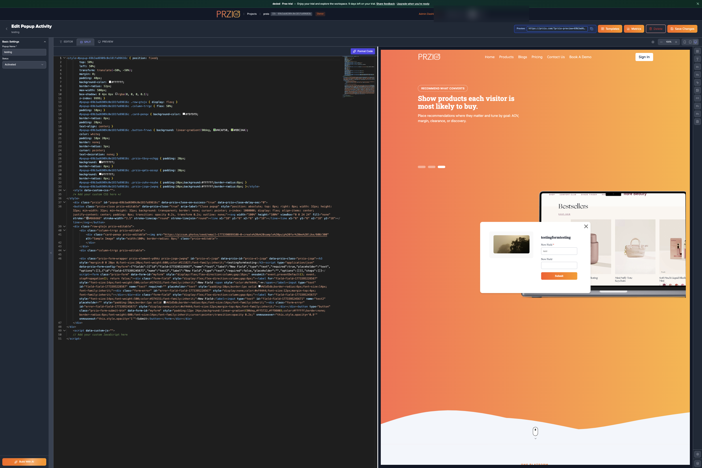 Popup editor for templates and raw HTML