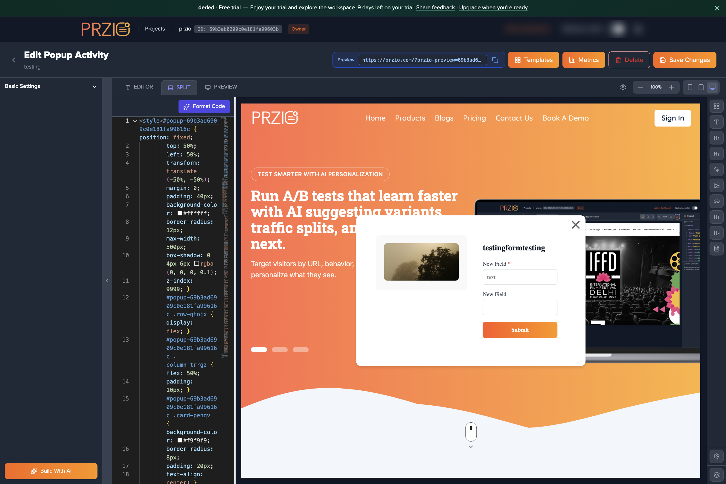 PRZIO popup trigger settings in the popup activity editor