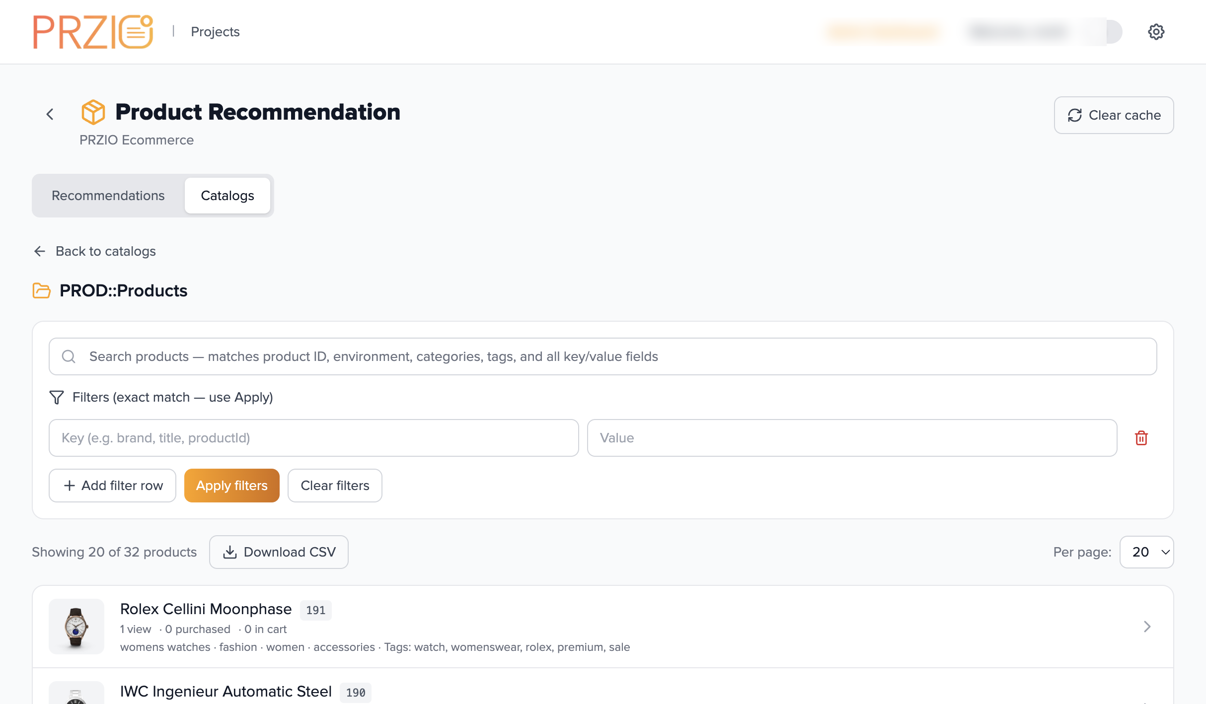 Screenshot: Products list inside a PRZIO catalog with filters and counts