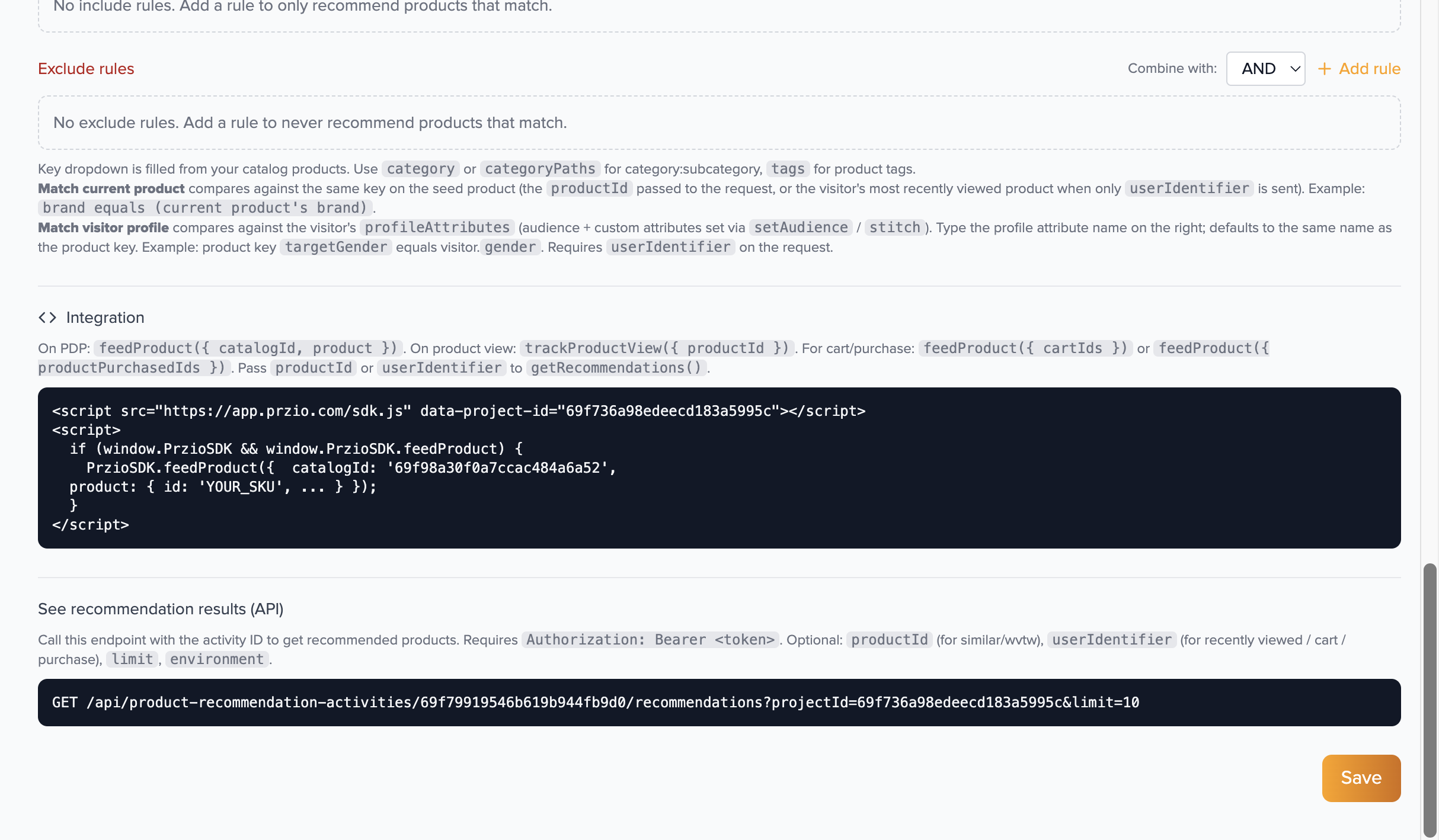 Example JSON response from the recommendations API