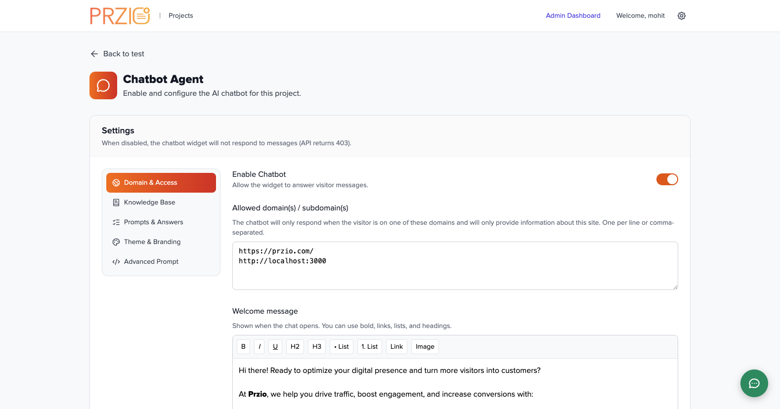 Chatbot agent settings page