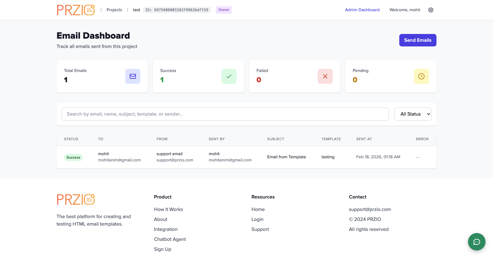 Email history dashboard