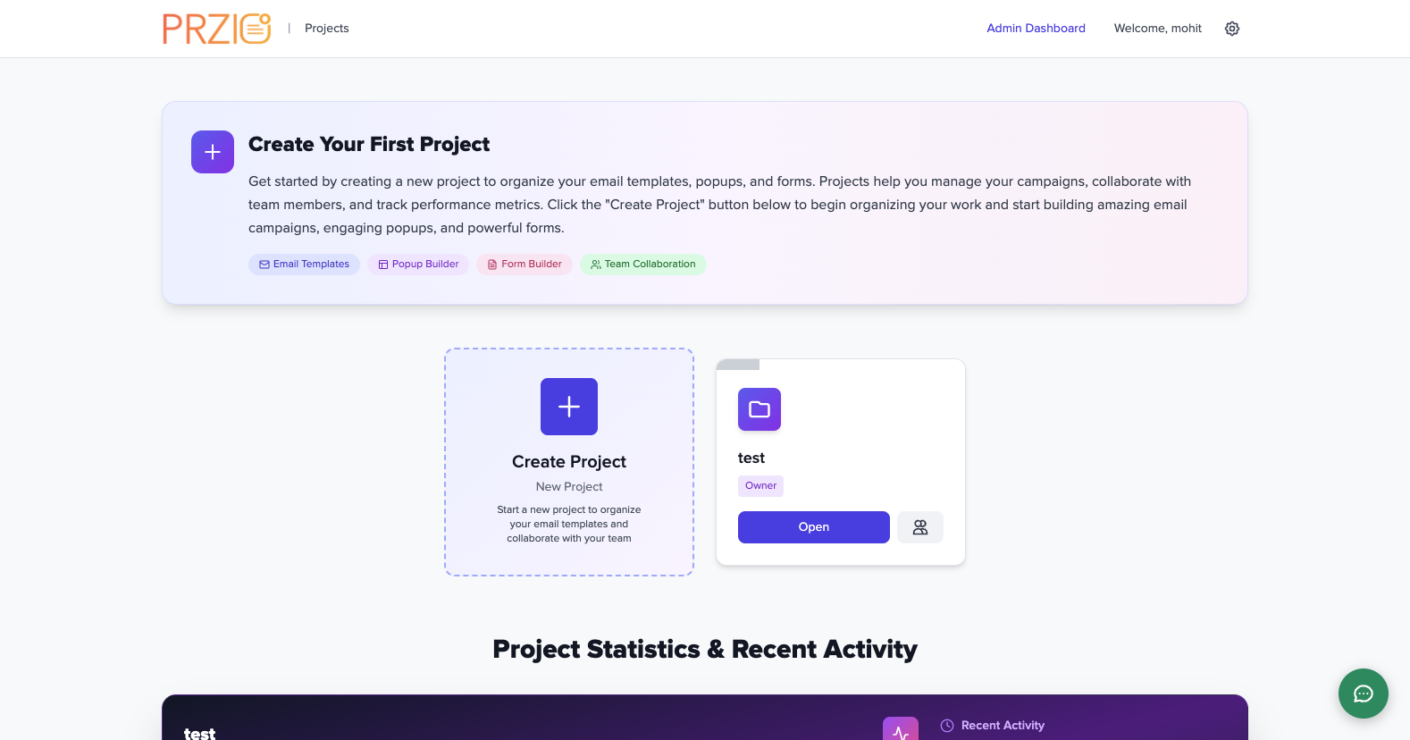 Projects home with create project card
