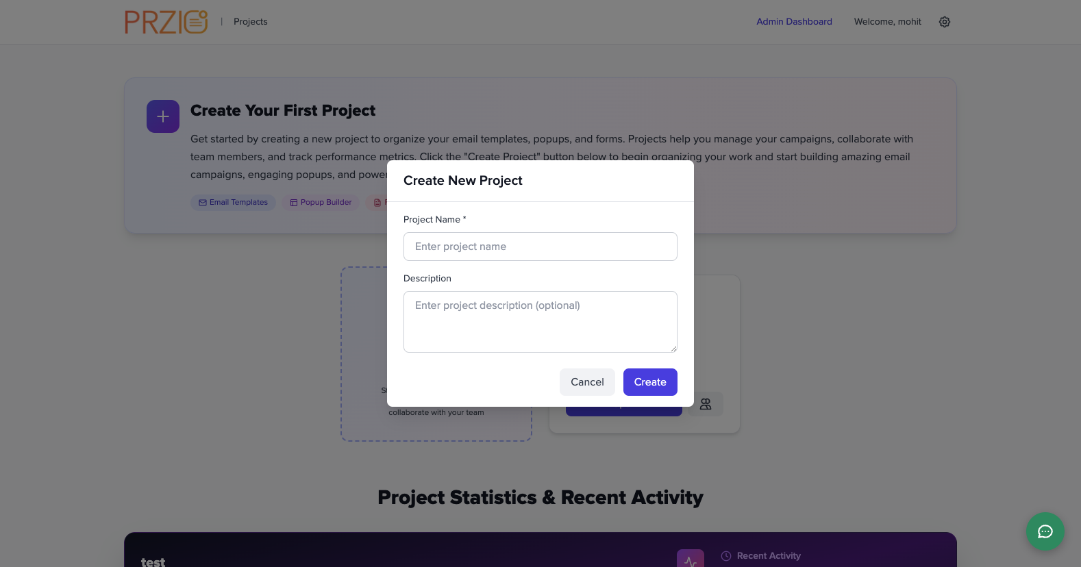 Create project modal opened