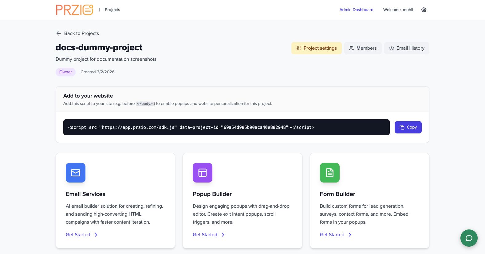 Project dashboard with project settings button