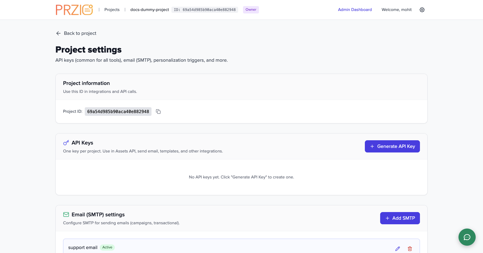Project settings overview sections