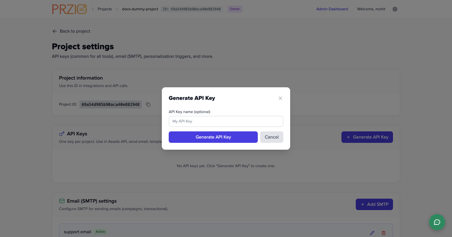Generate API key modal opened