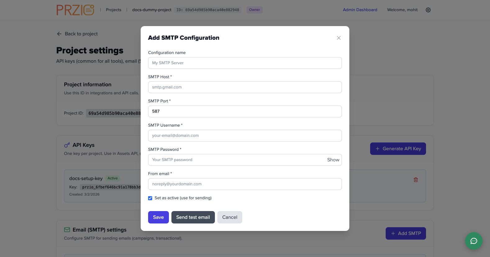 Add SMTP modal opened with default values