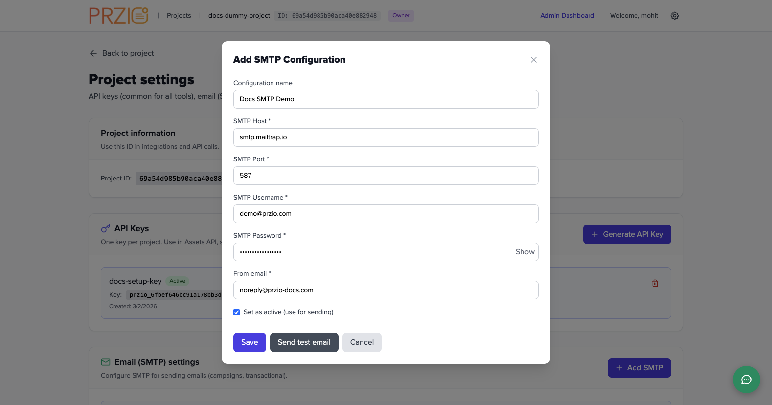 SMTP form filled with dummy values