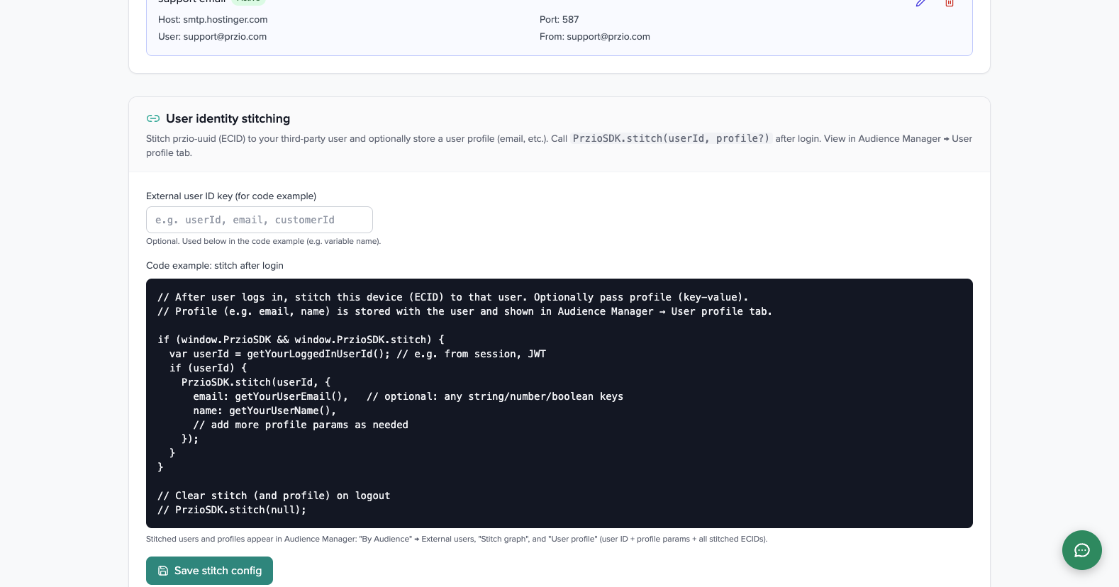 User identity stitching settings section