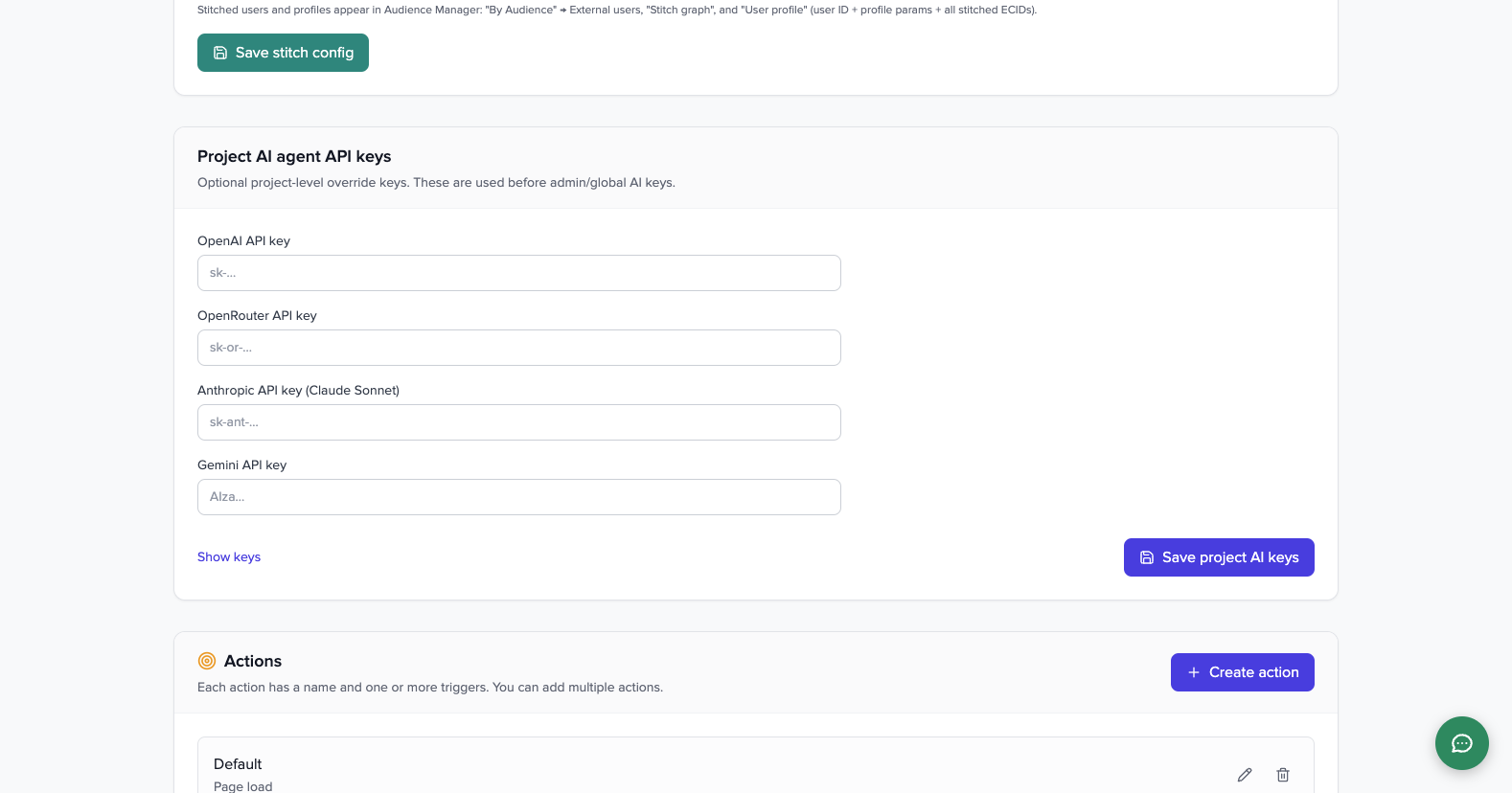 Project AI keys and actions settings