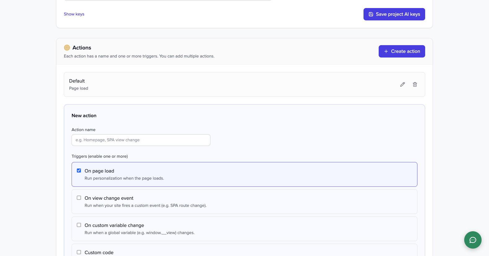 Create action form with trigger options