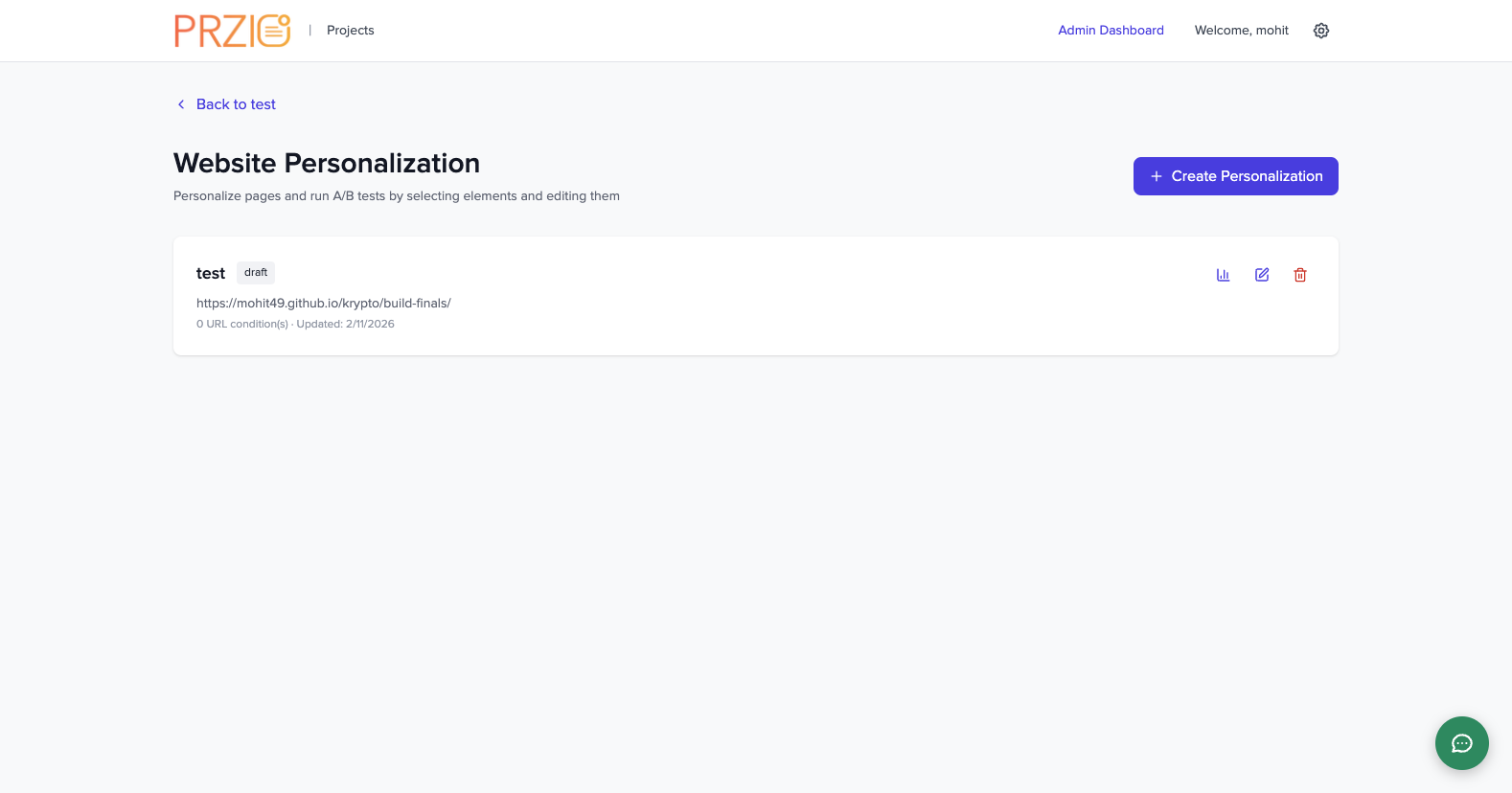 Website personalization page