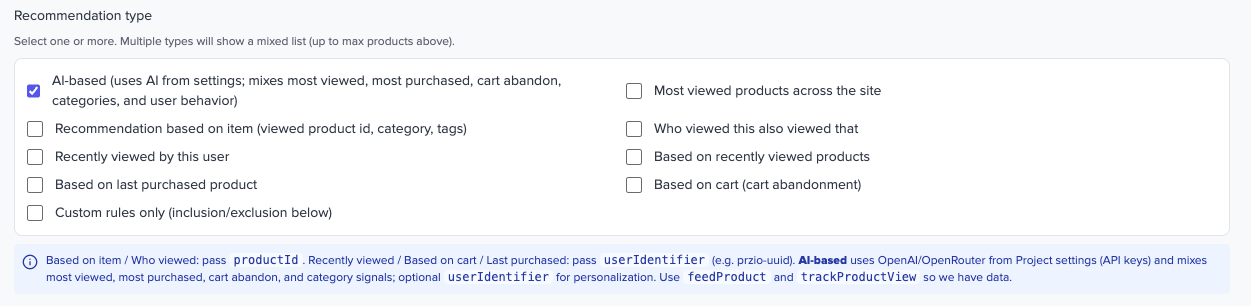 Product Recommendation area in the Przio app: activities and catalogs