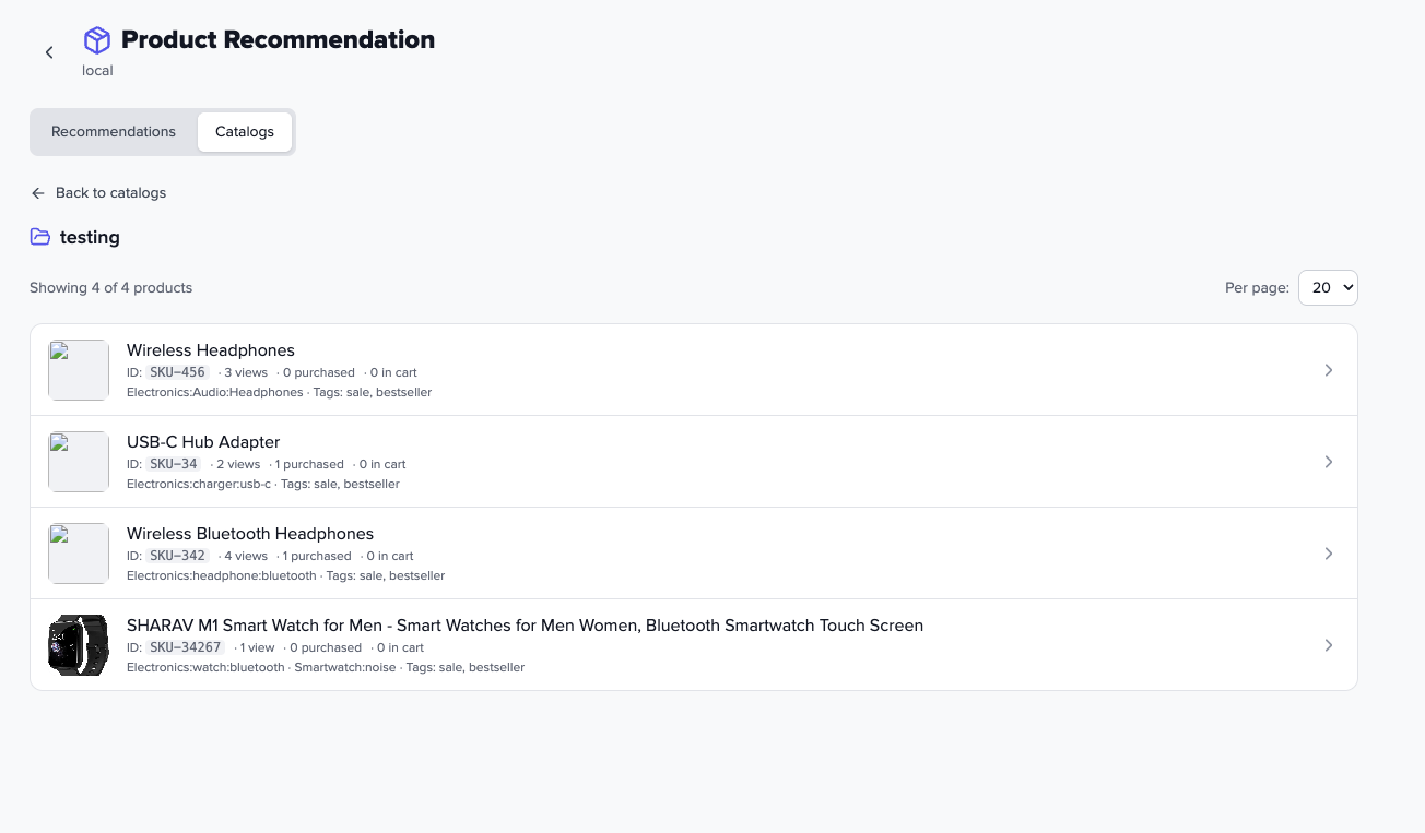 Product Recommendation area in the Przio app: activities and catalogs