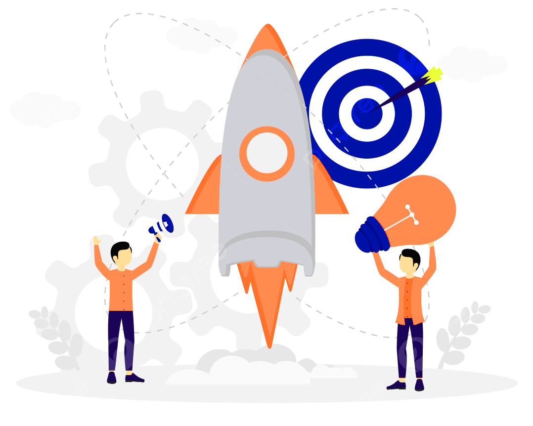 Illustration of a rocket launch with team, ideas, and goals — start your project